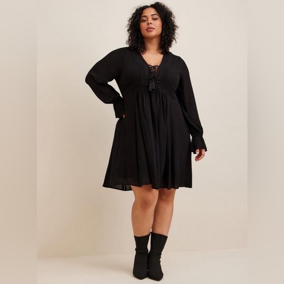 Torrid At The Knee Gauze Blouson Black Skater Dress Size 1x - Picture 4 of 14